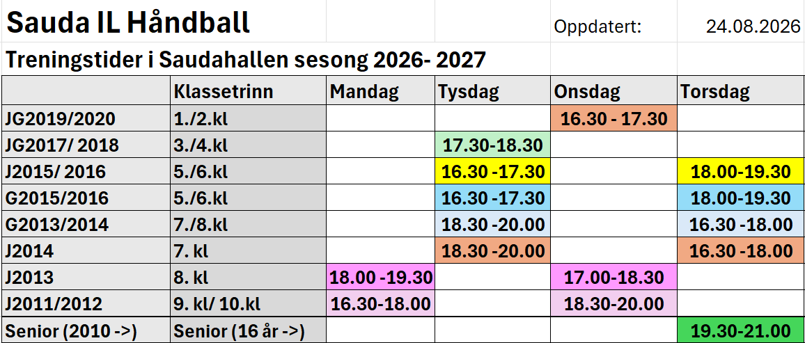 Treningstider 2026-2027 per lag